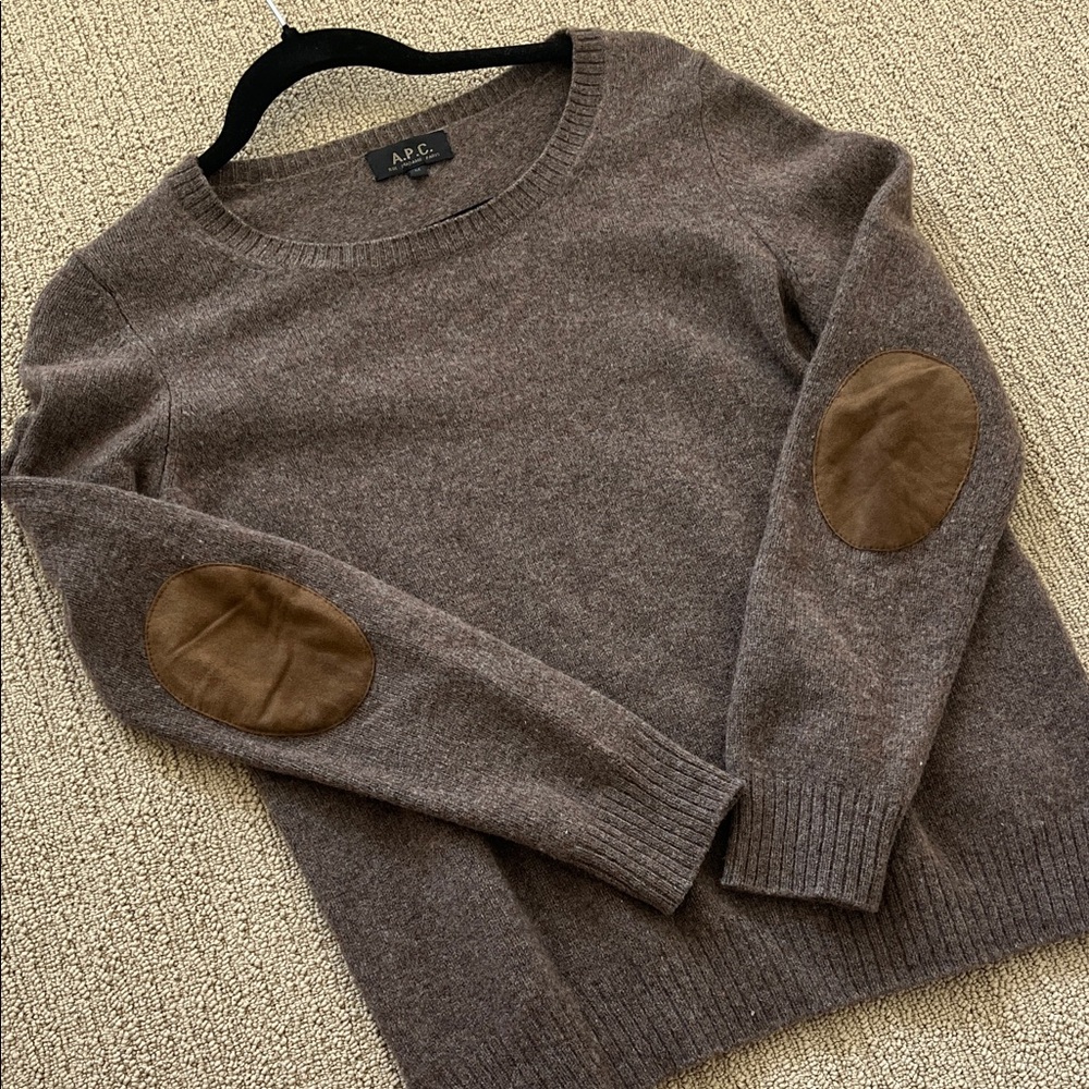 A.P.C. Taupe Sweater with Brown Elbow Patches 100% merino wool